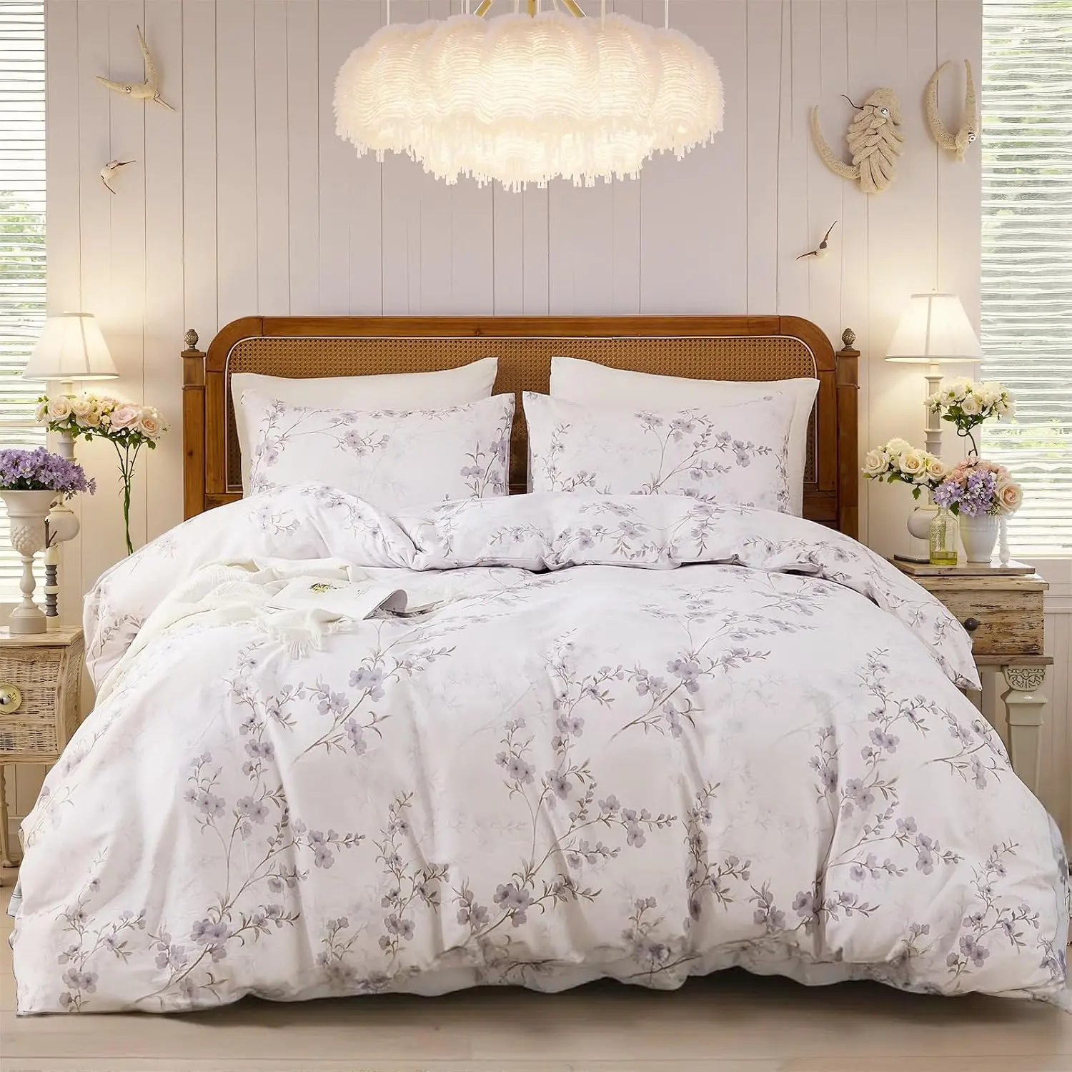Funda de edredón con motivos florales, tamaño queen/king: juego de ropa de cama de algodón 100 % natural, reversible, de color grisáceo con motivos florales y cierre con cremallera, 3 piezas, funda de edredón suave y transpirable de color beige.