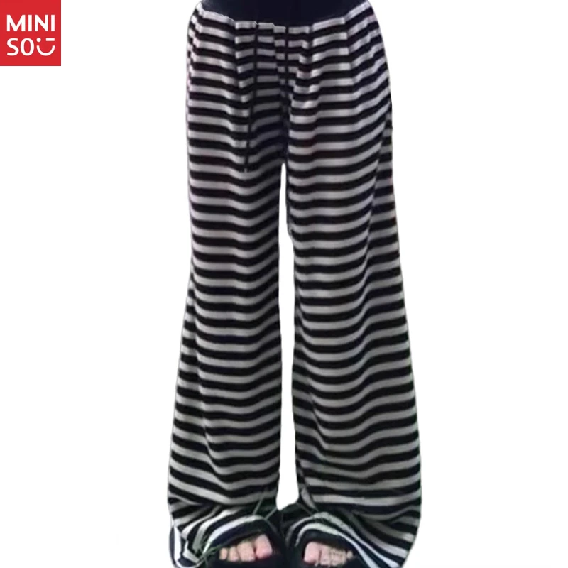 

Miniso Plus Size Stripe Drawstring Pants, 2025 Street Baddie Trousers, Droppy Wide Leg
