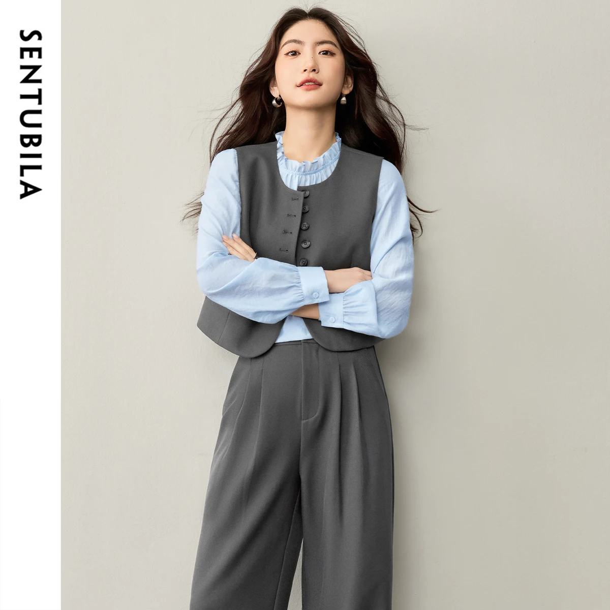 SENTUBILA Women's Suit 3 Piece Formal Jacket Vest Trouser Female Business Work Wear Set  Ruffle Pullover Blazer Set 153ZA1930