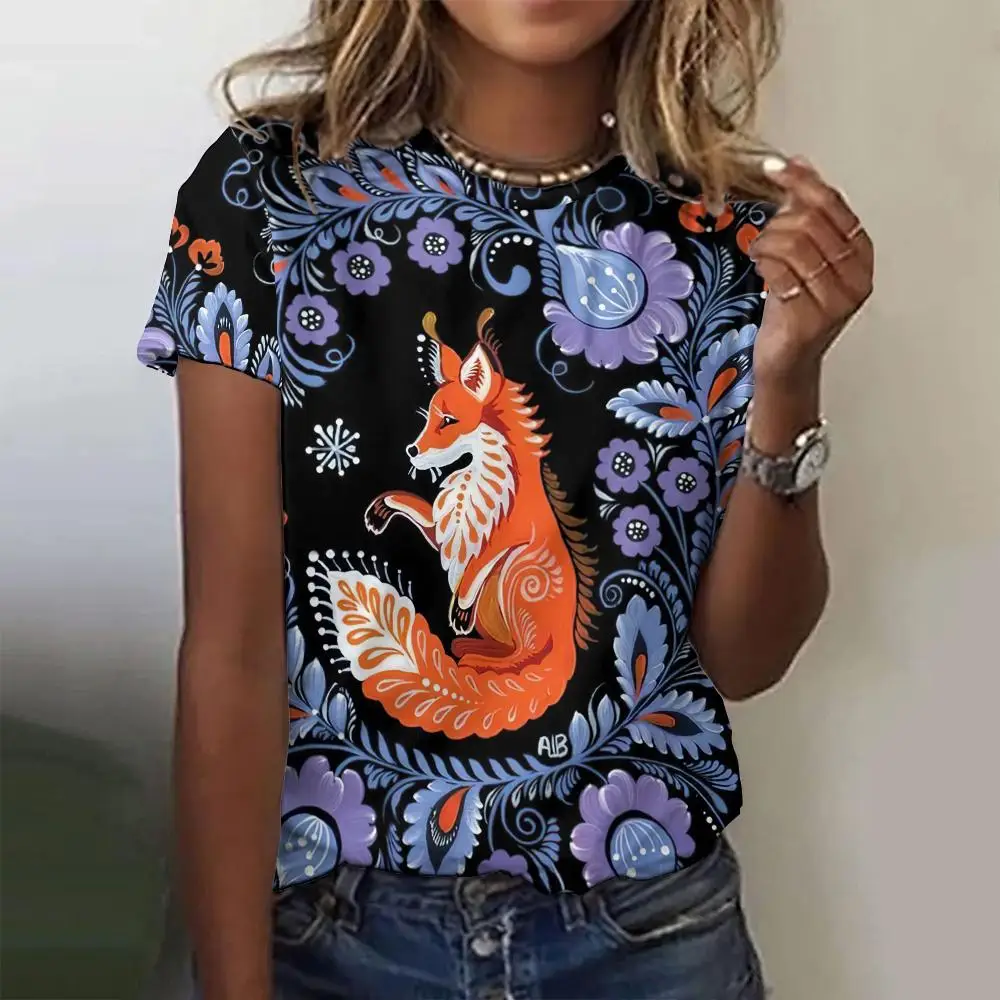 

Fashion Fox Leopard Floral 3D Print Women's Animal T-Shirts O-Neck Short Sleeve T Shirt Y2k Harajuku Tees Tops Female Clothing