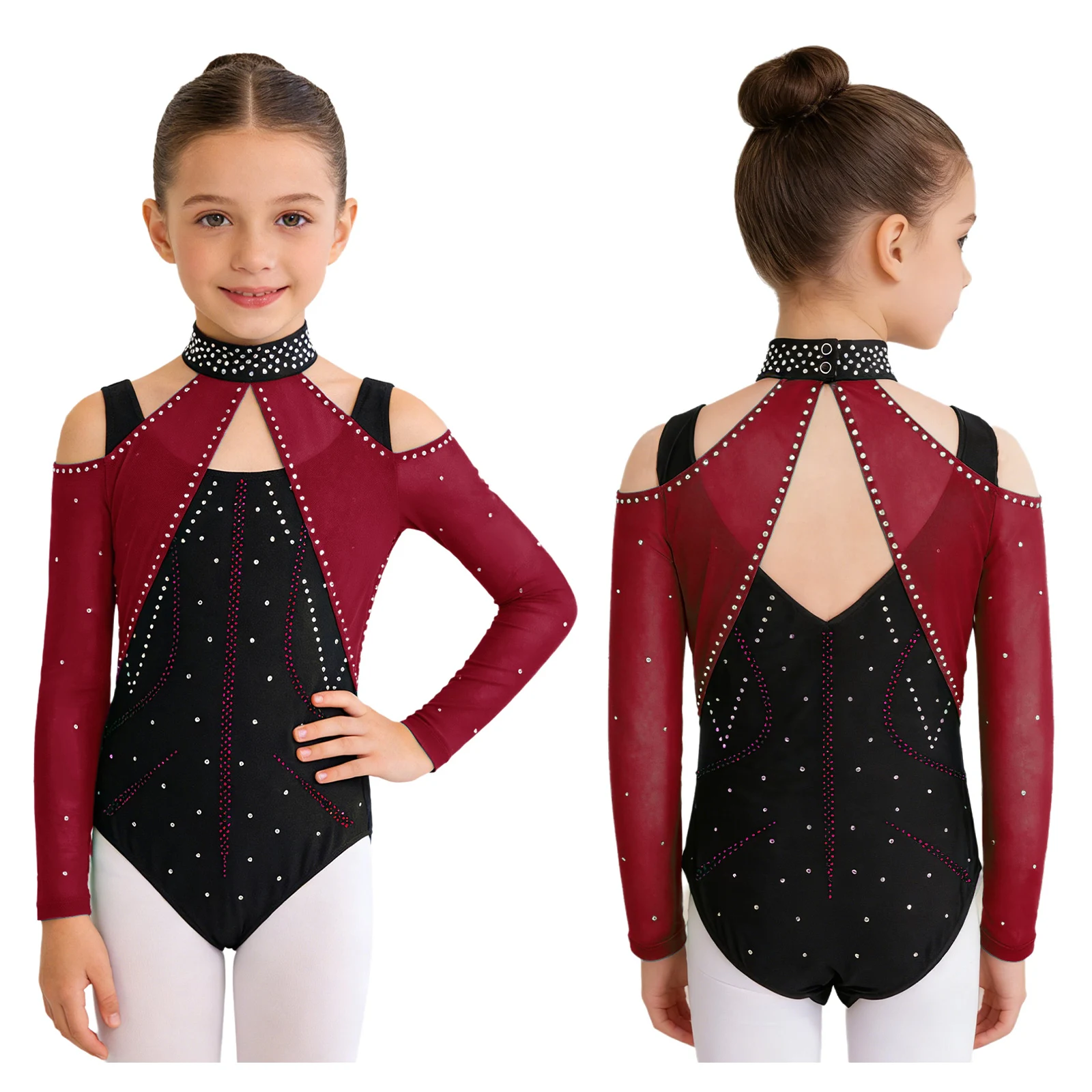 

Sparkling Rhinestone Lyrical Ballet Dance Bodysuit for Kids Cutout Mesh Patchwork Color Block Leotard Figure Skating Dancewear