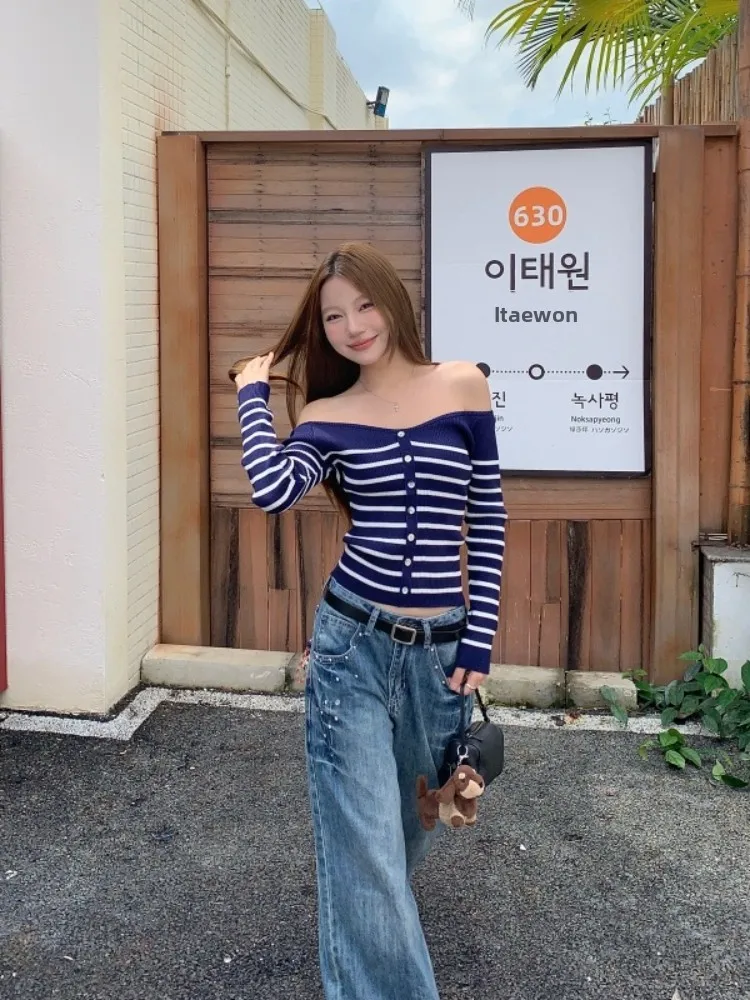 한국 슬레 컬러 블로 스트라이프 원숄더 롱 슬리브 니트 스웨터 여성용 가을 겨울 슬림핏 달콤하고 매운 시크...