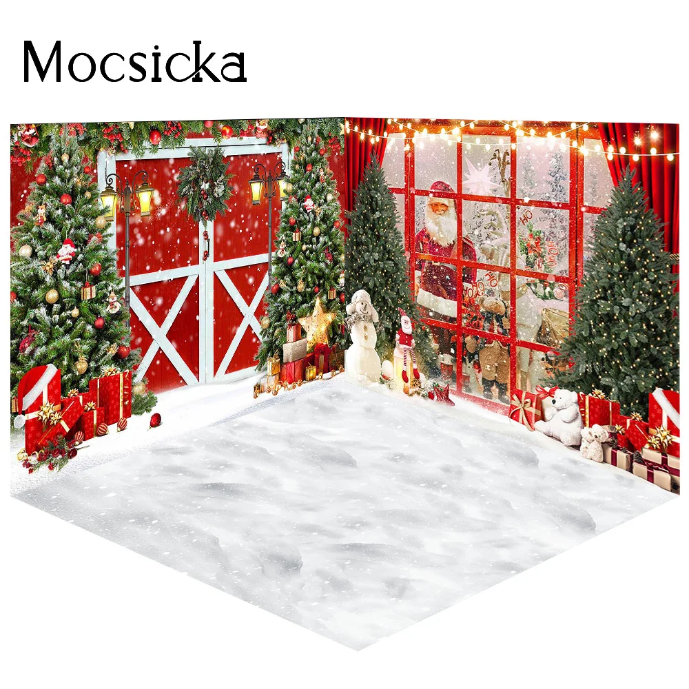 عيد الميلاد سانتا كلوز هدية ديكور خلفية حمراء شجرة عيد الميلاد نافذة الباب ضوء التصوير خلفية الطفل طفل صورة استوديو الصور