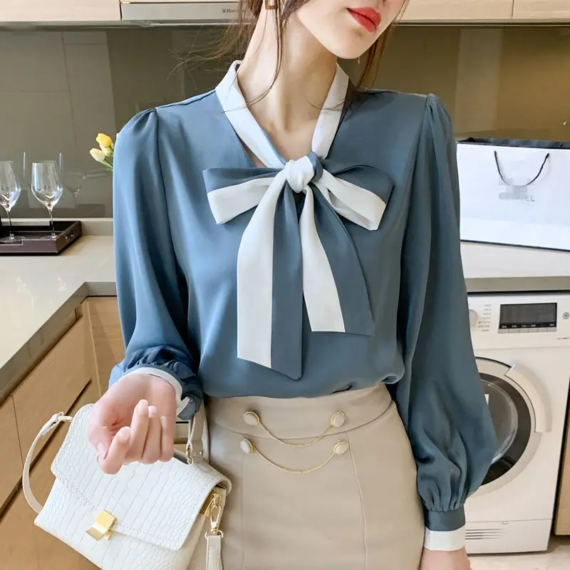 Bow Commuter Shirt Women\'s Clothing Pullovers Sweet Office Lady Straight 2024 Spring Autumn New V-Neck Long Sleeve Blouse Female
