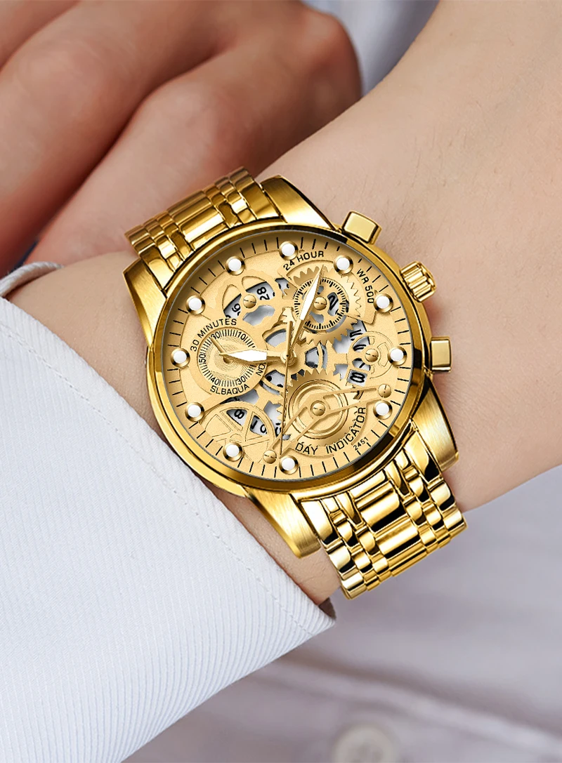 Mens Personalize Watches Classic 41mm Large Dial Stainless Steel Strap VA VA VOOM Gold 3Bar Waterproof Hollow Quartz Male Watch