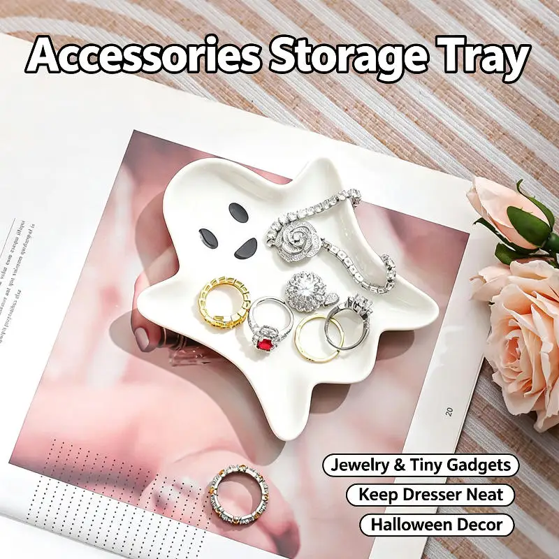 Nordic Cute Ghost Ceramic White Alien Plate Creative Jewelry Necklace Ring Tray Halloween Kitchen Counter Utensil Holder
