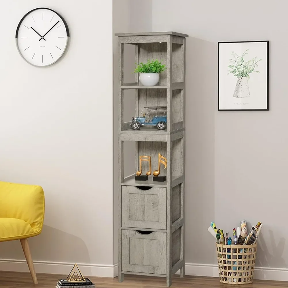 

55.9" Storage Cabinet with 2 Drawers, Wooden Bathroom Floor Cabinet with 3 Open Shelves, for Living Room, Kitchen, Grey