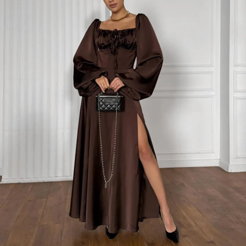 Fall Multi Colored Satin Robe Dress Ladies Square Neck Long Sleeved High Waist Party Dress Elegant Tie Up Pleated Holiday Dress