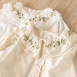 2026 Mori kei clothing Japanese peter pan collar cotton embroider white beige shirts and blouses for women long sleeve tops