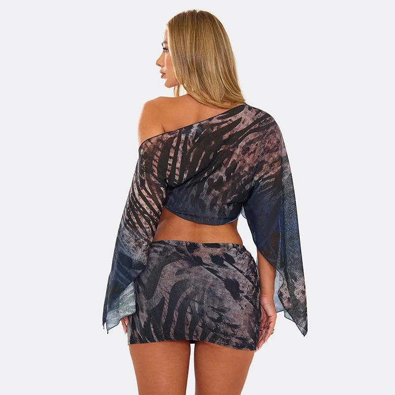Tiger print mesh off-the-shoulder long sleeved top, tight fitting half skirt two-piece set