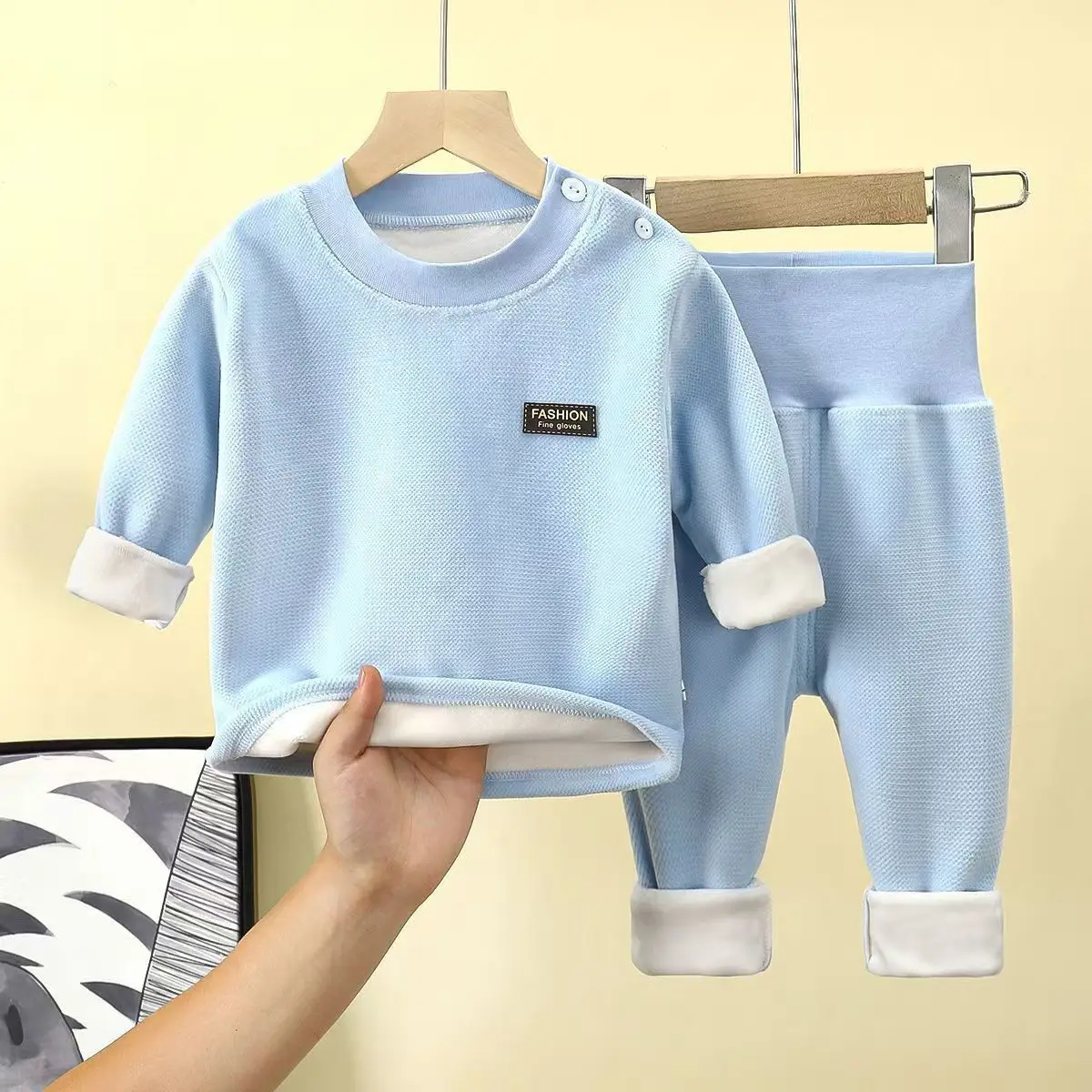 Herbst Winter Baby Plüsch Fleece Verdickte Thermo-unterwäsche Sets 0-4Y Kind Junge Mädchen Hohe Taille Warme Homewear Top und Hosen Outfit – Detail 3