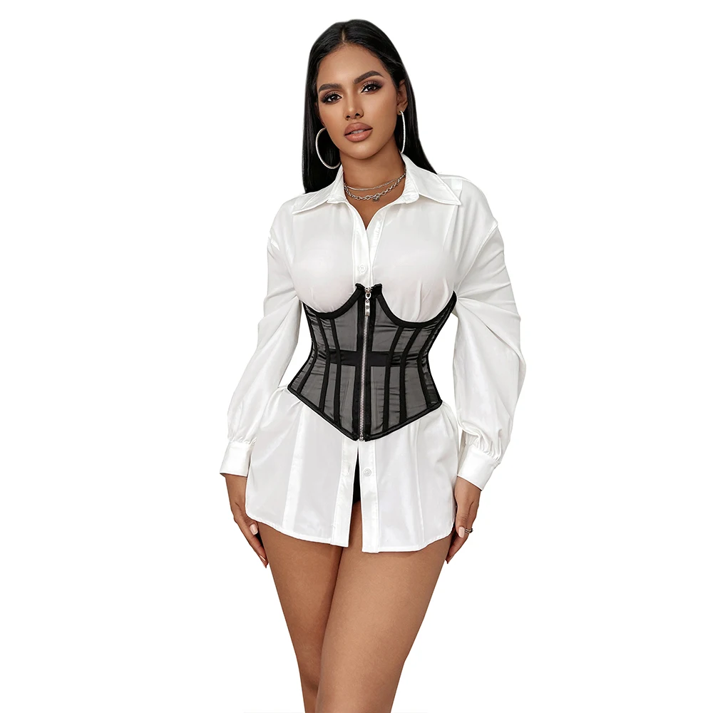 

Zip Up Waist Corsets Women's Lace Up Bustier Corset Sheer Mesh Underbust Cincher Wide Belt With Zipper