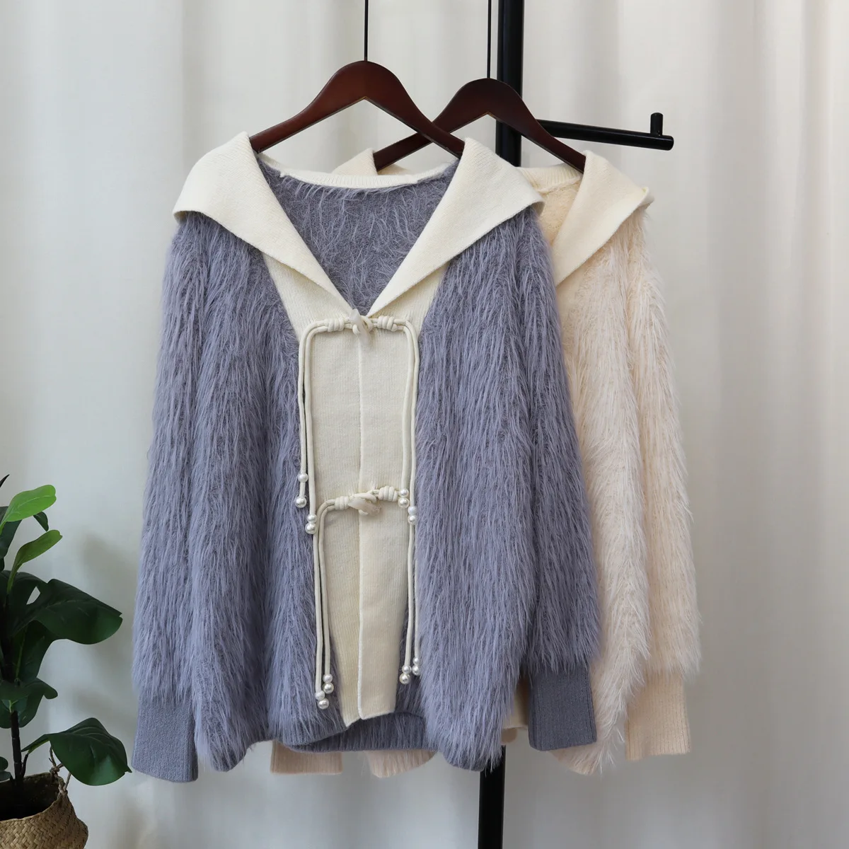 Hsa Ladies knitted hooded cardigan Imitation mink fur Long SLeeve Chinese Style Pearl Beading Button Knitted Cardigan Winter Top