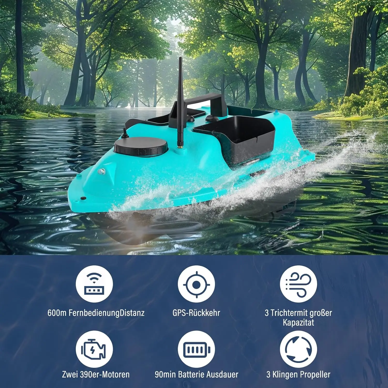 52W 2KG Futterboot mit Fernbedienung, 600 m Ferngesteuertes Angelköderboot, Angelköderboot mit GPS, 2 x 5200 mAh (Blau)