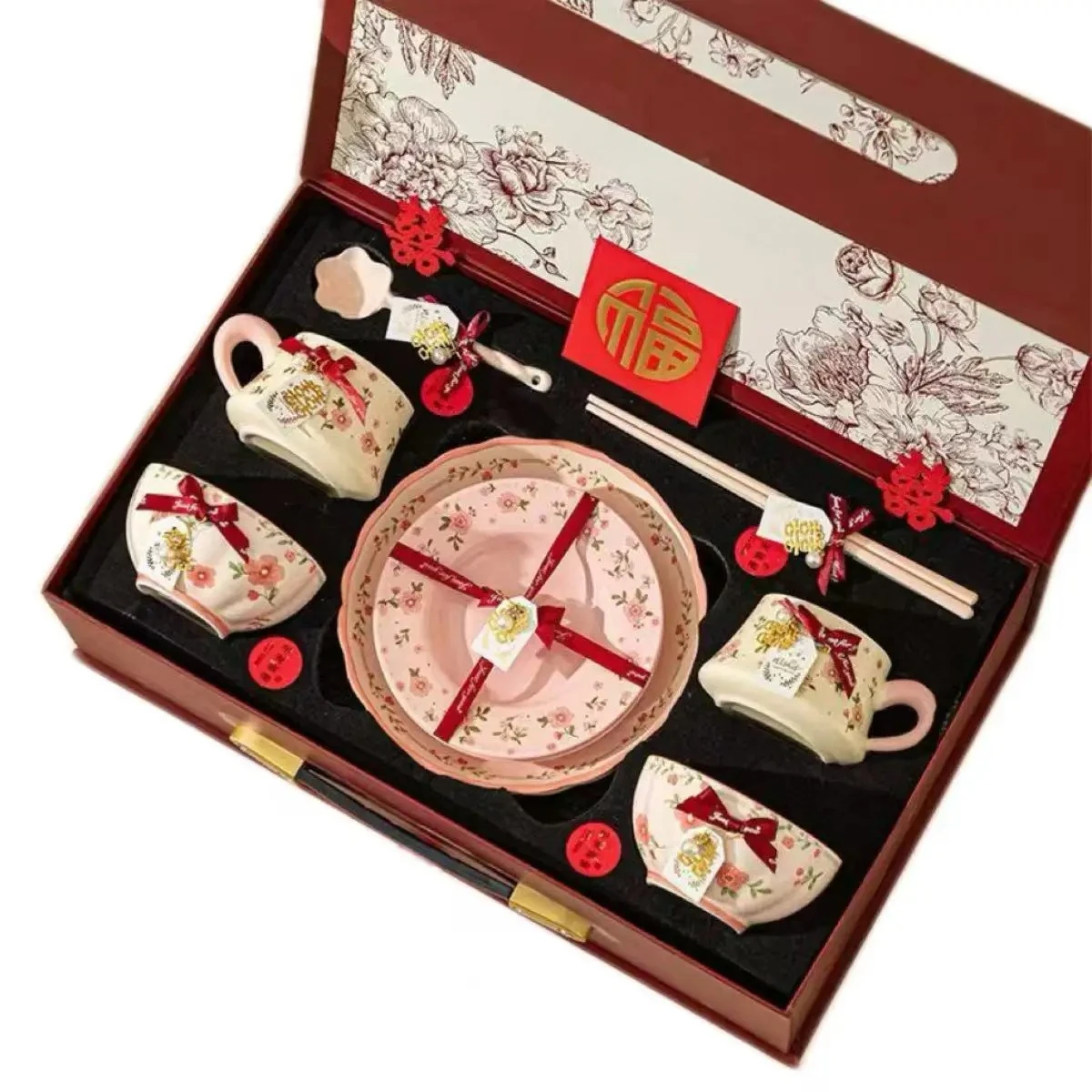 

Small fresh pink floral dishes set, household high-value rice bowl plate combination, bowl utensils, gift tableware