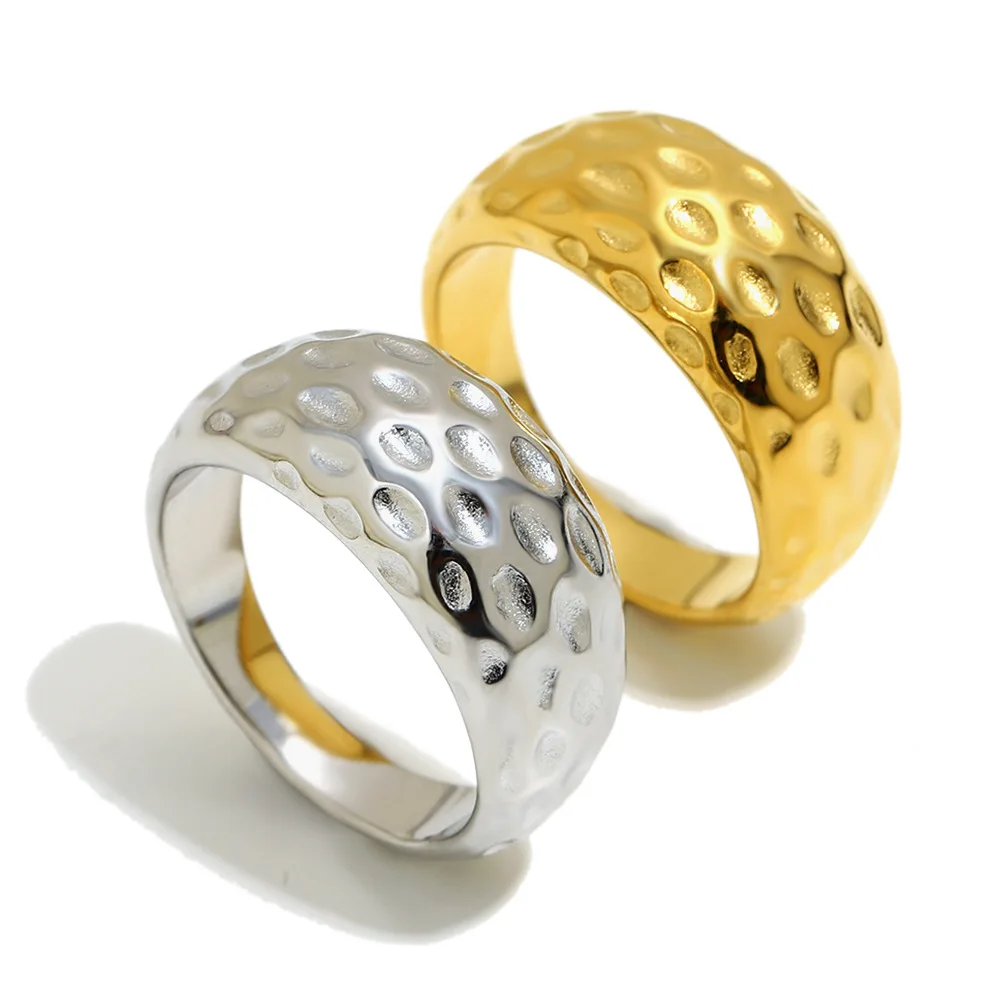 Ins 18K Gold Plated Stainless Steel Hammered Texture Ring for  Women Waterproof