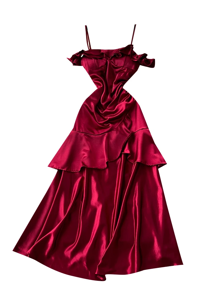 تنورة نسائية متوسطة الطول من الساتان والحرير باللون الأحمر على شكل حرف a بخصر عالٍ فستان مناسب للتنقل الفرنسي Sle Ci