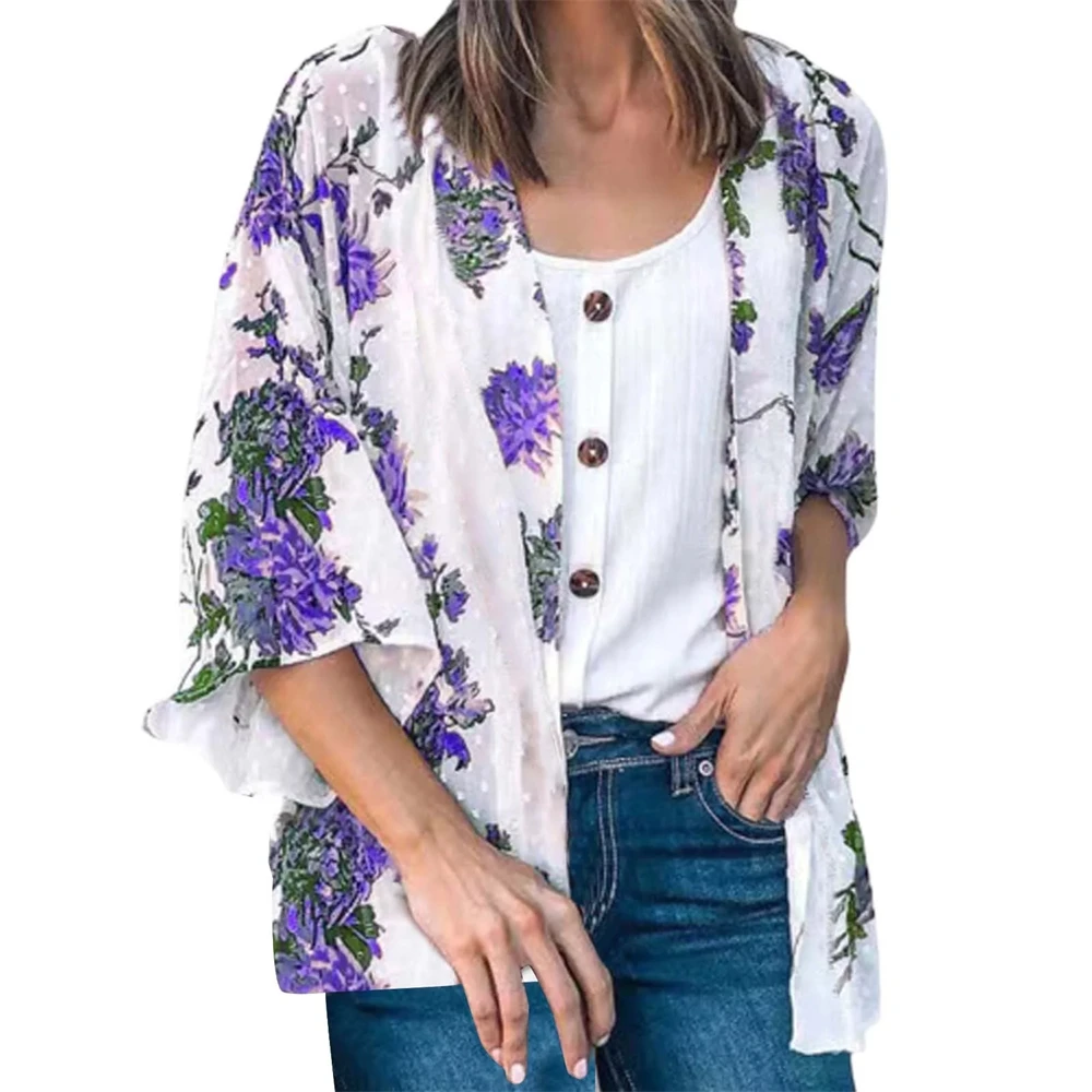 New Women\'S Floral Print Short Sleeve Kimono Cardigan Loose Swimsuit Cover Up Casual Blouse Tunic Transparent Tops Beach Outing