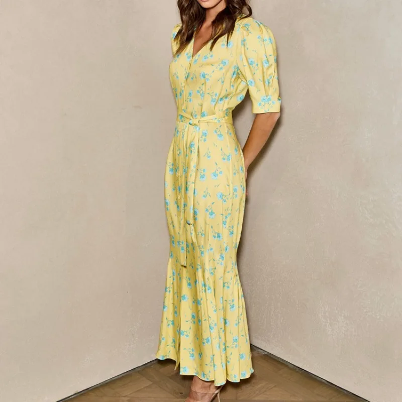Elegantes Damen-Partykleid mit gelbem Blumenmuster, V-Ausschnitt, Knopfleiste, Meerjungfrauen-Stil, lässiges Sommer-Strandkleid, langes Urlaubskleid mit Gürtel – Detail 8