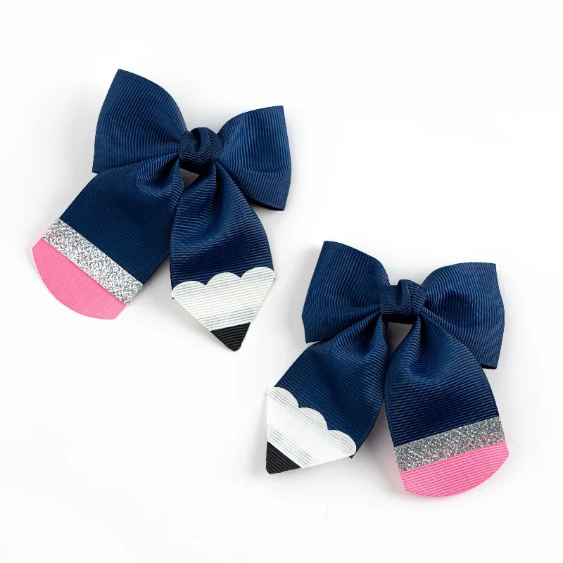 

2Pcs Set Campus Style Pencil Shaped Bow Hair Clip with Navy Blue Color Sequin Hair Accessory,girls Side Clip Headband Hairclip