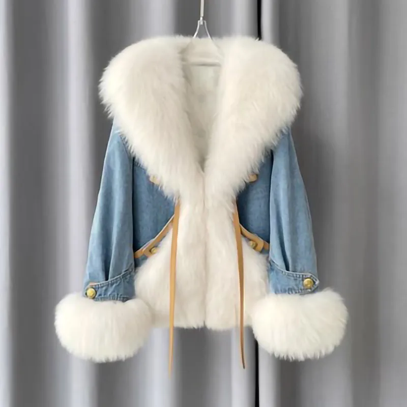 Cappotto invernale da donna in piumino di jeans con piumino d'oca, grande colletto in vera lana, capispalla da donna, cappotti imbottiti caldi e spessi