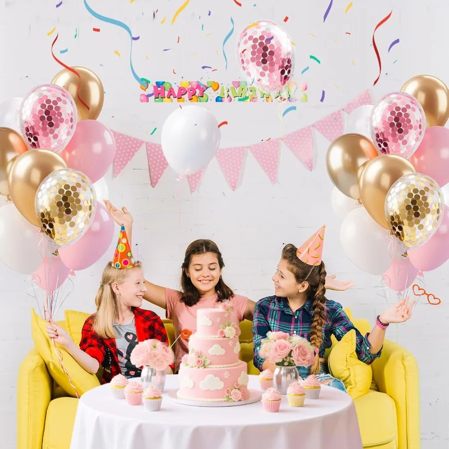 بالونات قصاصات ذهبية وردية مقاس 12 بوصة بالونات عيد ميلاد من الذهب الوردي الأبيض للنساء ومستلزمات حفلات الزفاف للفتيات لحفلات استقبال المولود الجديد