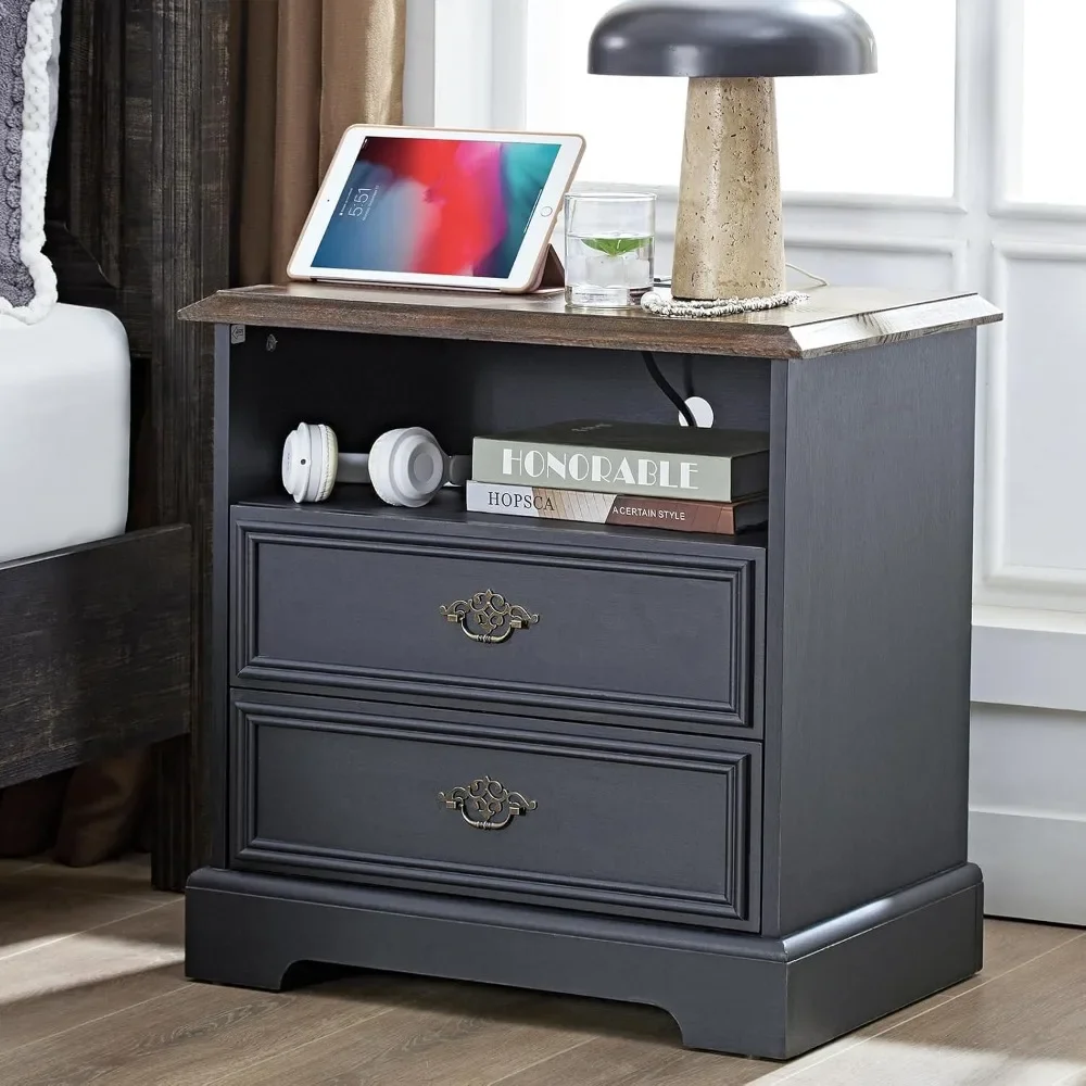 Farmhouse Nightstand com estação de carregamento, mesa final com 2 gavetas, mesa lateral de armazenamento, armário de cabeceira para quarto, 24 em