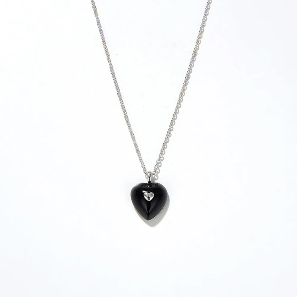 Aneis Bagues Korea Natural Black Agate Stone 925 Sterling Silver Chain Heart-shaped Pendant Necklace For Women Fine Jewelry