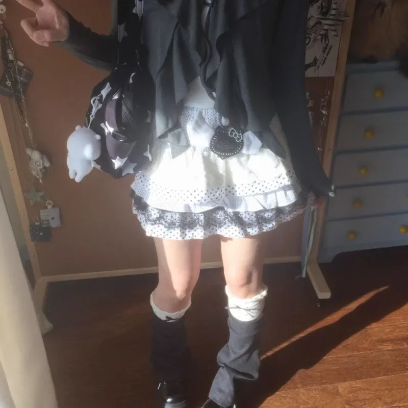 

Японские винтажные кружевные юбки в стиле Лолиты с волнистыми точками, летняя милая юбка трапециевидной формы с рюшами для женщин, новинка 2025 года, высокая талия Faldas Mujer