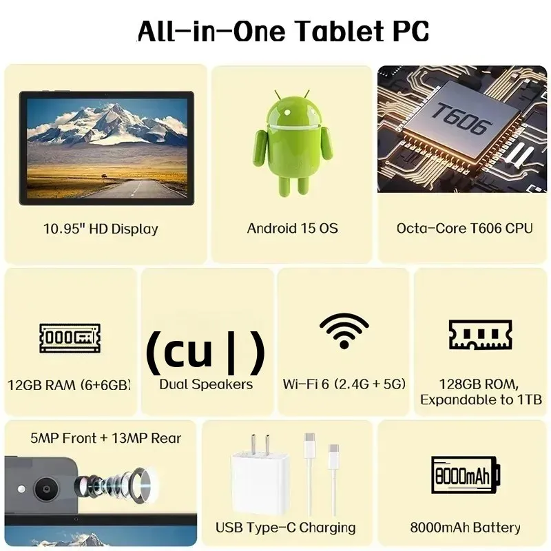 Tablette Androïd 2025, Tablet PC ANRY da 12 GB+128 GB con batteria ad alta capacità da 8000 mAh, 10,95", espansione da 1 TB, Octa-Core, doppia fotocamera