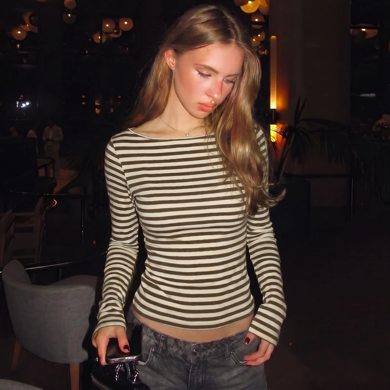 Hugcitar Gestreiftes Farbblock-Langarmshirt, Sexy Slim Fit Crop T-Shirt Top, Herbst Damenmode Kleidung, Streetwear, Party, Club – Detail 13