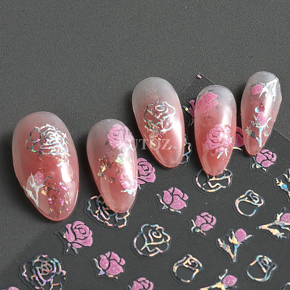 Pink Glitter Nail Stickers, 3D decalques de unhas, Laser Design, Manicure Decor, Dia dos Namorados, Coração, Estrelas, Flores, Y2K, NLCU-012, 2024