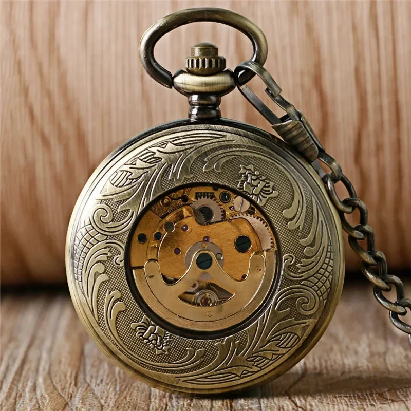 خمر البرونزية بوكر الجوف خارج ساعة الجيب الرجال النساء التلقائي الساعات الميكانيكية مع سلسلة الهيكل العظمي ساعة سلسلة بدلاية هدية
