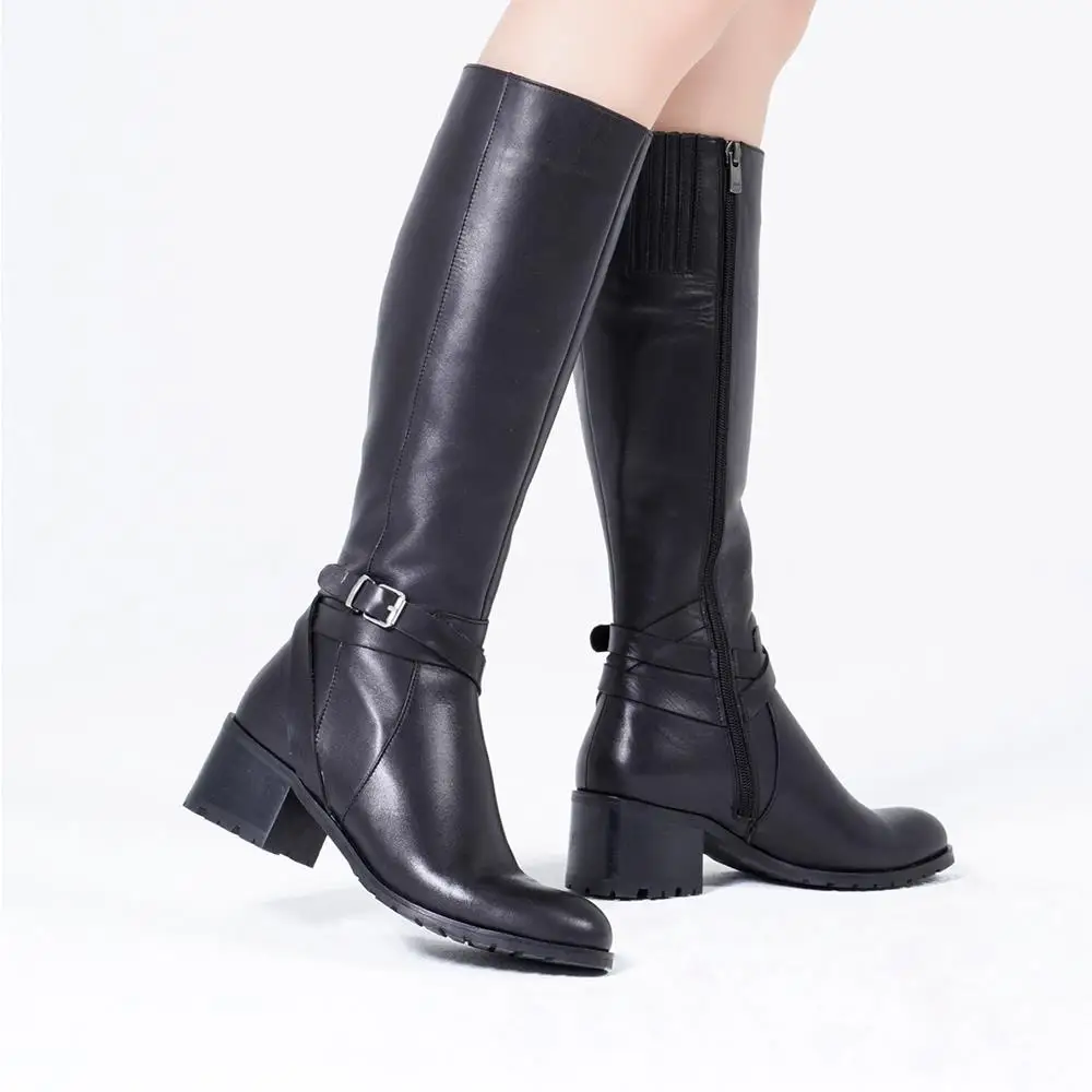 Callizio Women's Genuine Leather Knee High Boots Original Handmade Sexy Heeled Sexy Winter Designer Luxury Boot Footwear Low Square Heel Round Toe Ankle Buckle Strap Original Female Lady Punk Shoes for Woman 2021