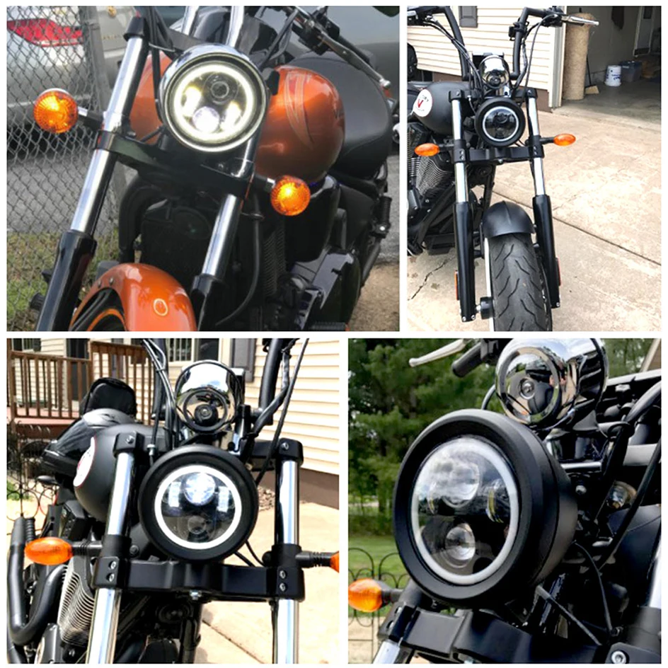 Headlight 5.75 Inch Black Halo Angel Eyes LED For Harley Sportster 1200 883 Street Softail Dyna 5-3/4\