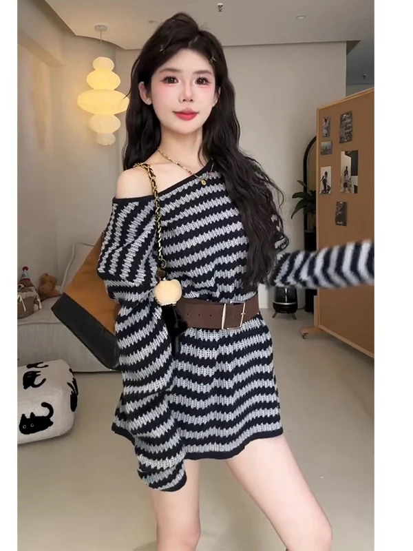 Suéter de Punto Retro de Manga Larga a Rayas con Hombros Descubiertos para Mujer, Estilo Hoado Informal con Cinturón, Noved...
