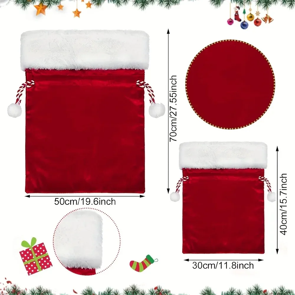 1pc Velvet Santa Claus Gift Bag with Drawstring, Red with White Trim and Golden Accents, Perfect for Christmas Party Favors