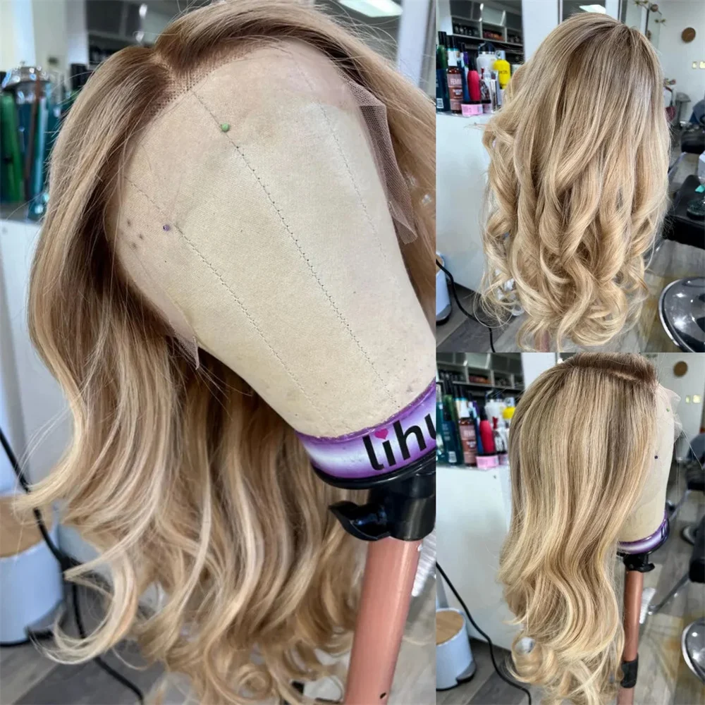 Highlight Honey Blonde Futura Wig Dark Roots Loose Wave Synthetic Lace Front Wig Realistic Look Balayage Glueless Wig Daily Wear