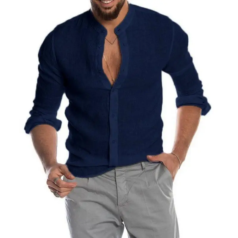 Summer Cotton Linen Casual Shirts Men Stand Collar Long Sleeve Mens Beach Style Shirts Solid Color Single Breasted Blouse Man