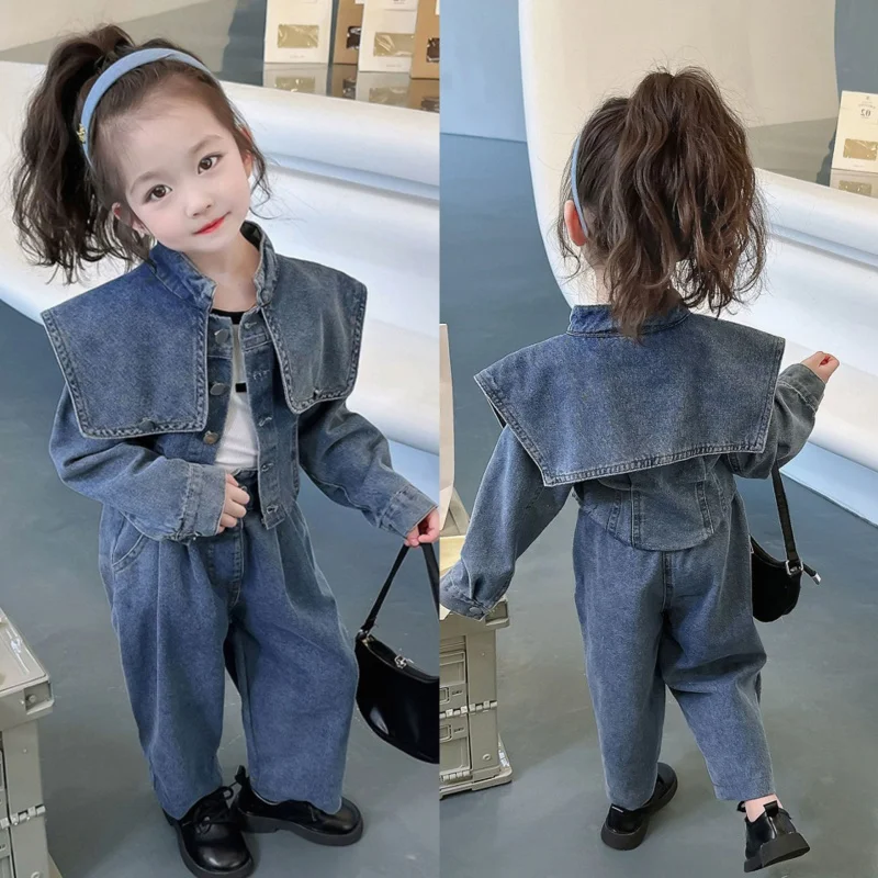 Traje de mezclilla con solapa para niña, conjunto de dos piezas, chaqueta y pantalones a la moda, de una pieza, novedad de otoño, envío directo