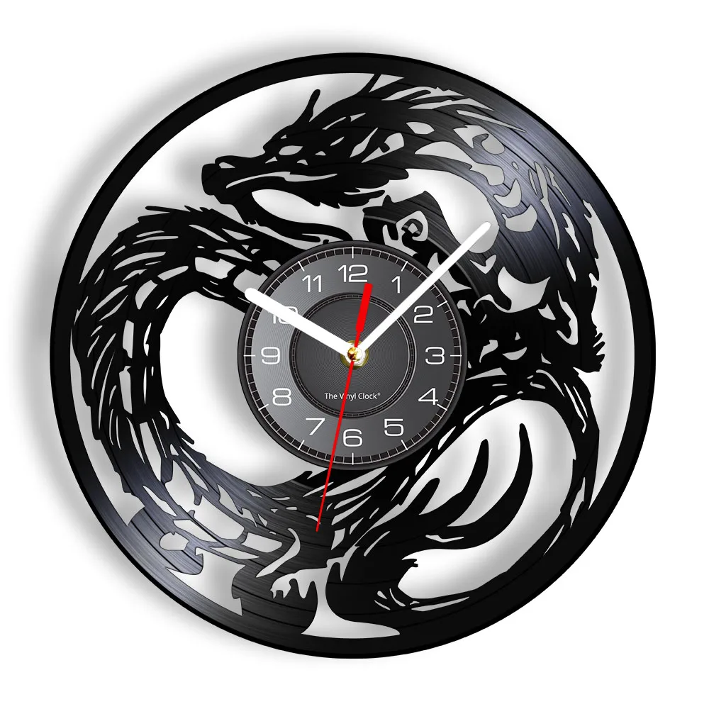 Chic Dragon Vinyl Record Wall Clock Teen Home Room Decor Fantasy Tattoo Tribal Dungeon Legendary Creature Artwork Wall Watch