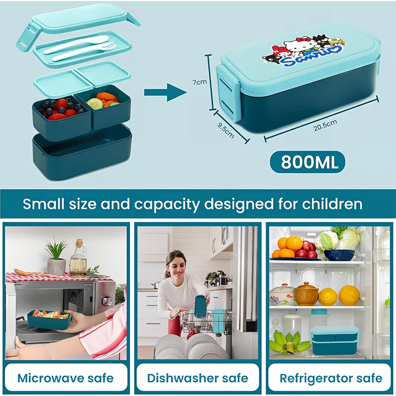 Fiambrera Sanrio Hello Kitty de 1,3 L, contenedor de comida de 2 capas con tenedor, cuchara, rectángulo, caja de almacenamiento de aperitivos para Picnic de alta capacidad, regalos