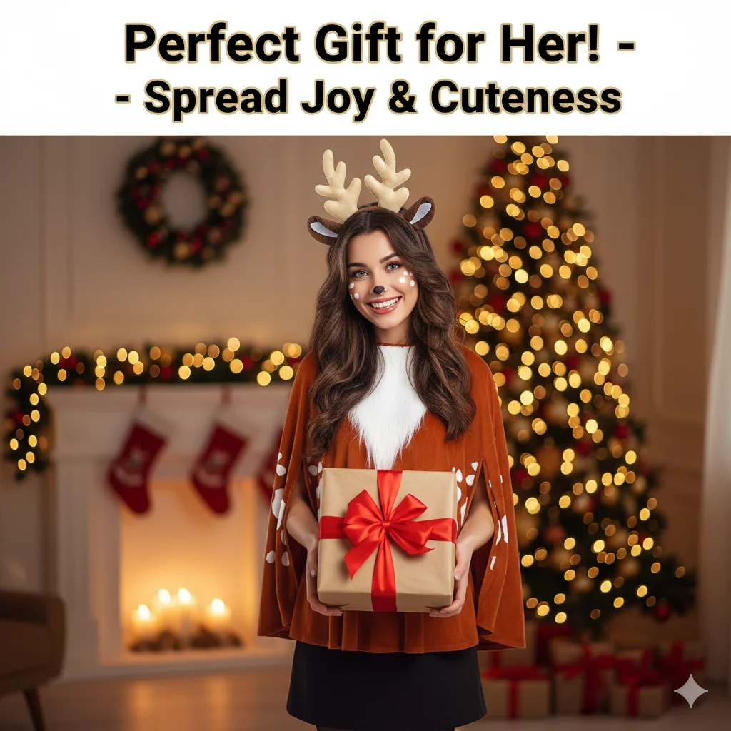 

Deer Inspired Cape Antlers Headband Faux Fur Chest Detail White Spot Cloak Cosplay Halloween Parties Adult Kids Themed Events