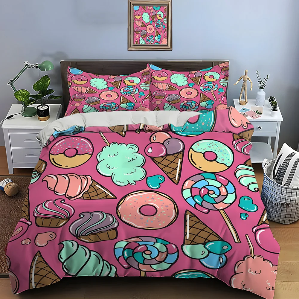 Dessert-themed pop cartoon style Print Bedding Set 1 Duvet Cover 2 Pillowcases for Adult and Children Luxury Gift Full Size