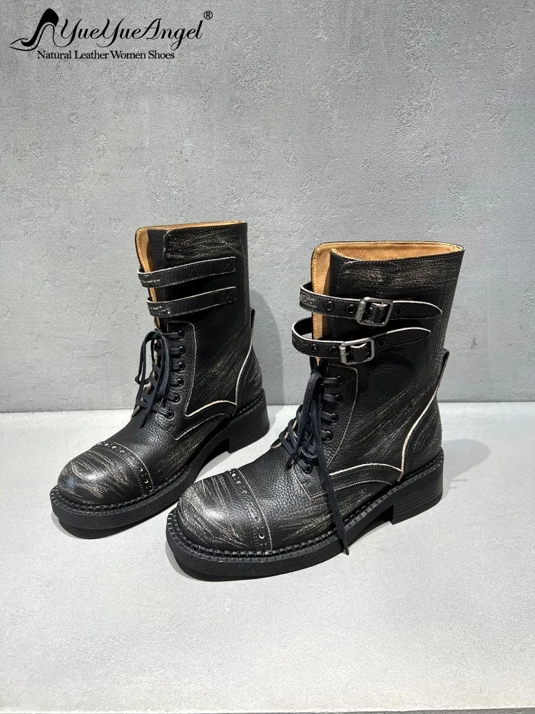 Distressed Women Genuine Leather Motorcycle Boots New Personality Buckle Lace Up Vintage Short Boots High Street Handmade Shoes