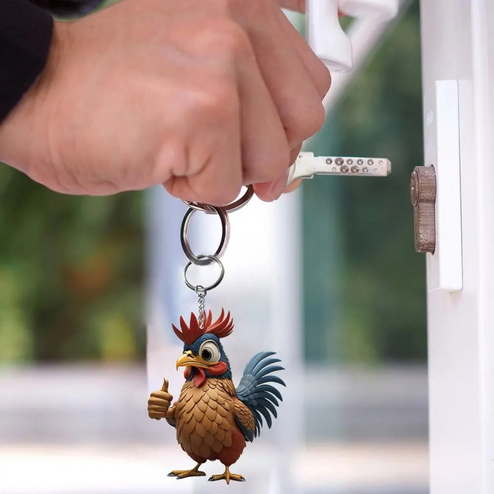 New Cartoon Cute Car Keychain Flat Backpack Pendant Chicken Key Ring Handicraft Ornaments Acrylic Cock Key Holder Christmas Gift