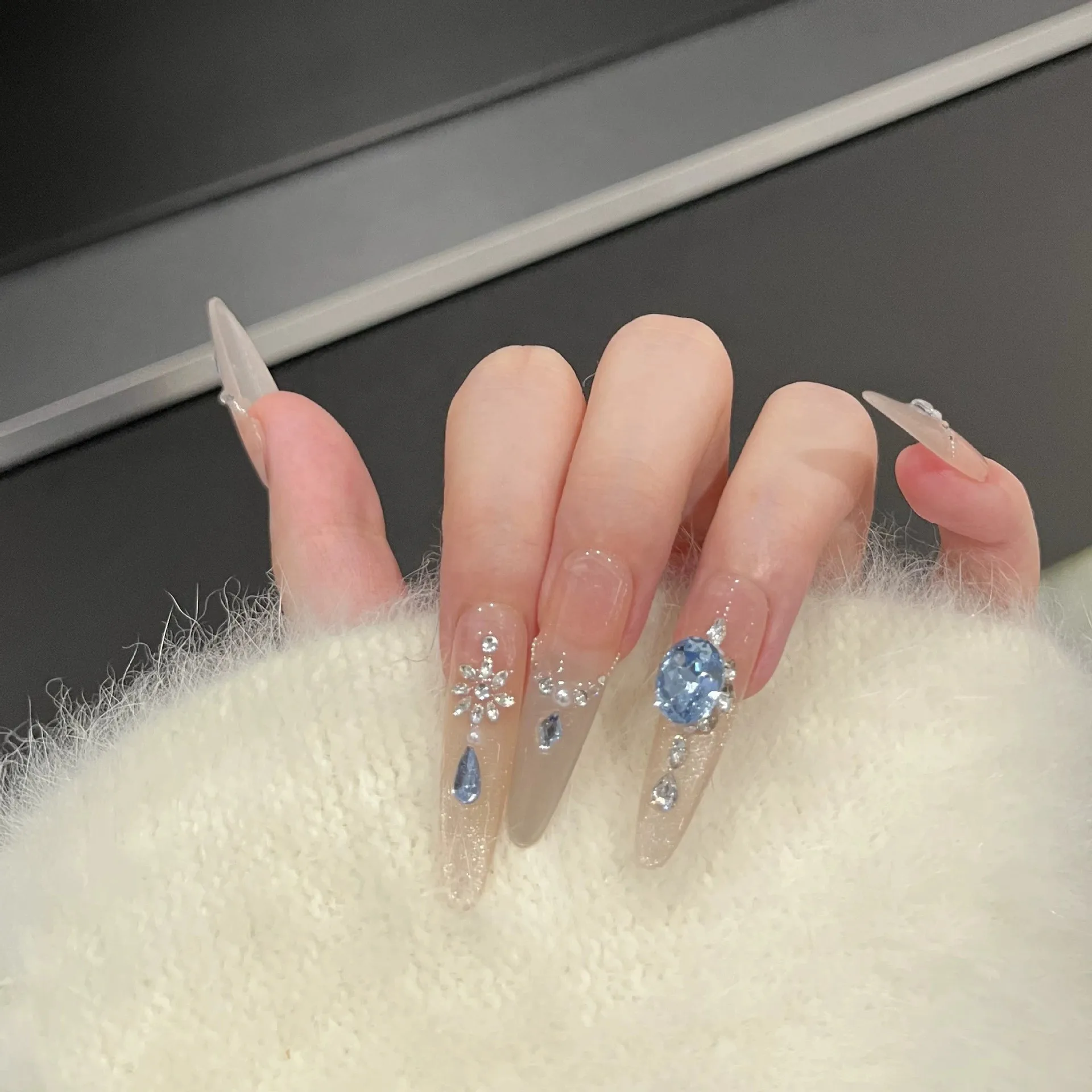 

Осенние накладные ногти ручной работы с ледяным проникновением «кошачий глаз», накладные ногти K9, украшение с синим бриллиантом, французские накладные ногти, балерина, 10 шт.