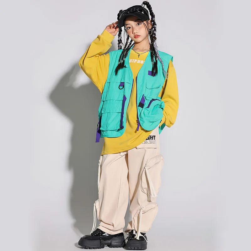 

Kid Hip Hop Clothing Blue Sleeveless Jacket Vest Beige Casual Multi Pockets Cargo Pants for Girl Boy Jazz Dance Costumes Clothes