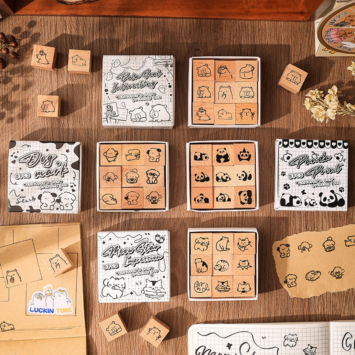 9Pcs Wooden Stamp Set Animal Pattern Rubber Stamps for Scrapbooking Journal Planner Diary Card Making DIY Crafts