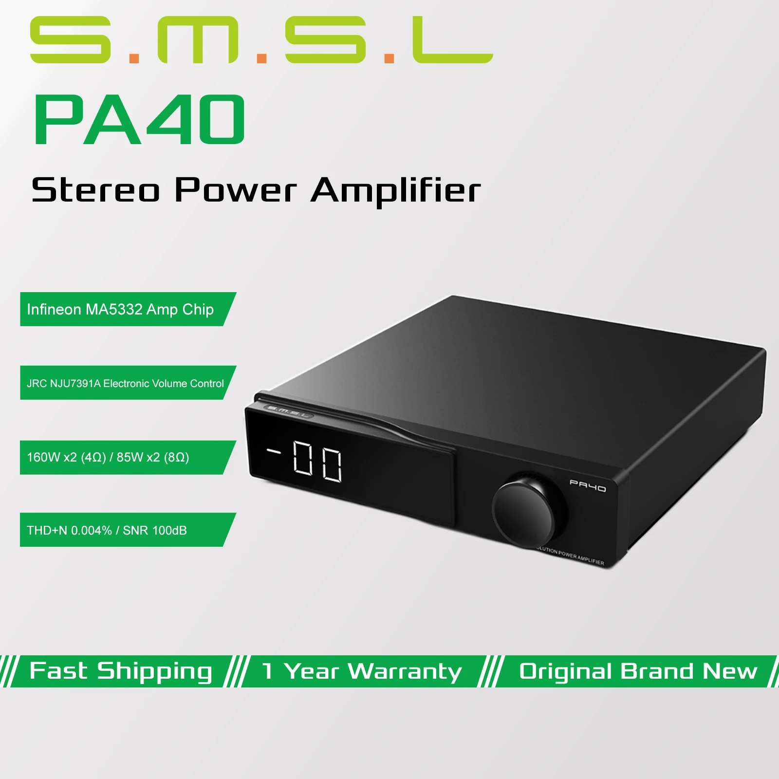 SMSL PA40 Digital Power Amplifier Infineon MA5332 Amp Chip NJU7391A Electronic Volume Control 160W/4Ω Output With Remote Control